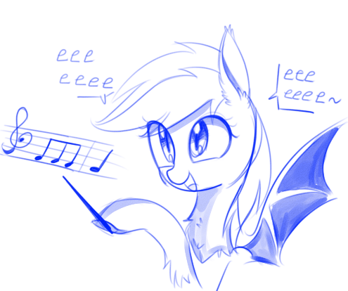 Size: 495x414 | Tagged: safe, artist:aureai-sketches, derpibooru import, oc, unofficial characters only, bat pony, pony, baton, chest fluff, conductor's baton, cute, dialogue, eeee, female, fluffy, happy, hoof hold, leg fluff, mare, monochrome, music notes, open mouth, sheet music, simple background, singing, sketch, smiling, solo, spread wings, tilde, underhoof, white background, wings