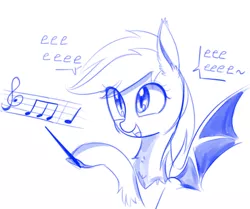 Size: 495x414 | Tagged: safe, artist:aureai-sketches, derpibooru import, oc, unofficial characters only, bat pony, pony, baton, chest fluff, conductor's baton, cute, dialogue, eeee, female, fluffy, happy, hoof hold, leg fluff, mare, monochrome, music notes, open mouth, sheet music, simple background, singing, sketch, smiling, solo, spread wings, tilde, underhoof, white background, wings