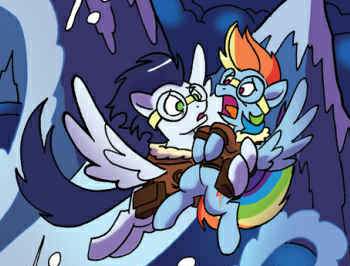 Size: 350x266 | Tagged: safe, derpibooru import, idw, rainbow dash, soarin', pony, spoiler:comicff36, bomber jacket, clothes, flying, goggles, holding a pony, jacket, mount everhoof