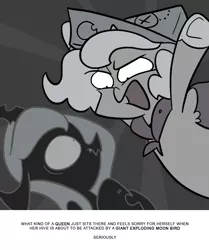 Size: 666x795 | Tagged: artist:egophiliac, cartographer's cap, changeling, changeling queen, changeling queen oc, derpibooru import, female, filly, grayscale, hat, marauder's mantle, monochrome, moonstuck, oc, oc:imogen, princess luna, safe, screaming, scrunchy face, woona, woonoggles, younger