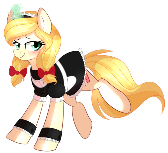 Size: 1024x937 | Tagged: safe, artist:daydreamsyndrom, derpibooru import, oc, oc:vive, unofficial characters only, pony, unicorn, bow, clothes, cuffs (clothes), dress, female, glowing horn, hair bow, horn, magic, maid, mare, solo