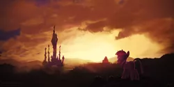 Size: 3200x1600 | Tagged: safe, artist:yvt-jp, derpibooru import, twilight sparkle, pony, castle, scenery, scenery porn, solo, sunset, twilight (astronomy)