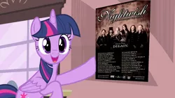 Size: 1280x720 | Tagged: safe, derpibooru import, edit, edited screencap, screencap, twilight sparkle, twilight sparkle (alicorn), alicorn, pony, three's a crowd, exploitable meme, meme, metal, nightwish, poster, twilight poster meme