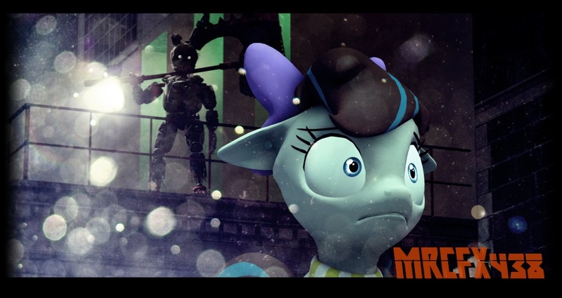 Size: 1226x651 | Tagged: 3d, artist:mercfox438, bow, clothes, derpibooru import, five nights at freddy's, five nights at freddy's 3, lens flare, oc, oc:breezy, scared, scarf, semi-grimdark, springtrap, unofficial characters only