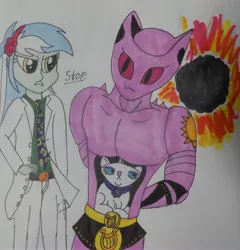 Size: 3529x3671 | Tagged: safe, artist:iffoundreturntorarity, derpibooru import, lyra heartstrings, opalescence, equestria girls, crossover, diamond is unbreakable, explosion, jojo's bizarre adventure, killer queen, stand, traditional art, yoshikage kira, yoshikage lyra