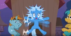 Size: 834x424 | Tagged: safe, derpibooru import, screencap, snails, snips, trixie, pony, unicorn, boast busters, colt, male, panic, panicking, screaming, shocked, trixie's fans