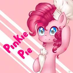 Size: 1400x1400 | Tagged: safe, artist:zukiq314, derpibooru import, pinkie pie, earth pony, pony, bipedal, chef's hat, cute, diapinkes, female, hat, looking at you, mare, name, smiling, solo