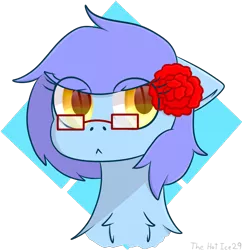 Size: 960x993 | Tagged: safe, artist:the-hot-ice29, derpibooru import, oc, unofficial characters only, pony, :<, abstract background, bust, chest fluff, colored pupils, floppy ears, flower, flower in hair, glasses, portrait, simple background, solo, transparent background