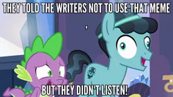 Size: 640x360 | Tagged: caption, changeling, crystal hoof, crystal hoof didn't listen, derp, derpibooru import, disguise, disguised changeling, dragon, edit, edited screencap, exploitable meme, i didn't listen, image macro, meme, safe, screencap, spike, sweat, text, the times they are a changeling, thorax