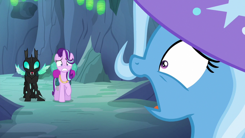 Size: 1280x720 | Tagged: safe, derpibooru import, screencap, starlight glimmer, thorax, trixie, changeling, pony, unicorn, to where and back again, clothes, hat, trixie's hat, varying degrees of want