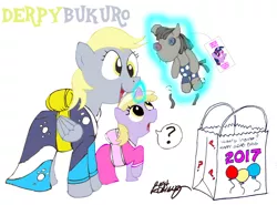 Size: 2399x1779 | Tagged: safe, artist:newportmuse, derpibooru import, derpy hooves, dinky hooves, smarty pants, pegasus, pony, bag, clothes, female, fukubukuro, kimono (clothing), levitation, magic, mare, mother and child, mother and daughter, signature, simple background, telekinesis, white background