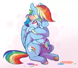 Size: 900x783 | Tagged: safe, artist:vindhov, derpibooru import, rainbow dash, oc, oc:silver lining (vindhov), pegasus, pony, crying, female, filly, floppy ears, hair dye, holding a pony, hug, mother and child, mother and daughter, offspring, parent:rainbow dash, parent:wind rider, parents:windash