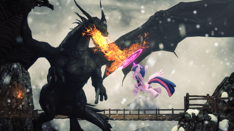 Size: 4000x2250 | Tagged: safe, artist:redaceofspades, derpibooru import, twilight sparkle, twilight sparkle (alicorn), alicorn, dragon, pony, 3d, bridge, fire, magic, snow, source filmmaker