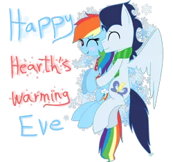 Size: 1600x1500 | Tagged: safe, artist:rai2n, derpibooru import, rainbow dash, soarin', pony, backwards cutie mark, blushing, cuddling, female, hearth's warming eve, hug, male, shipping, simple background, soarindash, spooning, straight, transparent background