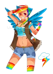 Size: 1004x1394 | Tagged: artist:namjoons-dimples, belly button, bellyring, bomber jacket, clothes, derpibooru import, devil horn (gesture), eared humanization, female, fingerless gloves, gloves, human, humanized, jacket, midriff, piercing, rainbow dash, rainbow socks, safe, shorts, socks, solo, striped socks, tanktop, watermark, winged humanization, wings