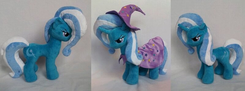 Size: 900x338 | Tagged: safe, artist:agatrix, derpibooru import, trixie, pony, unicorn, cape, clothes, female, hat, irl, mare, photo, plushie, solo, trixie's cape, trixie's hat