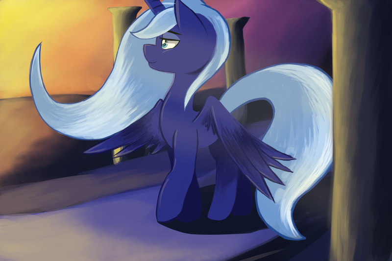 Size: 5400x3600 | Tagged: safe, artist:purpleblackkiwi, derpibooru import, princess luna, alicorn, pony, absurd resolution, column, s1 luna, smiling, solo, spread wings, sunrise, twilight (astronomy), wings