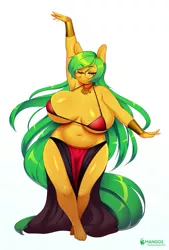 Size: 675x1000 | Tagged: absolute cleavage, alternate version, anthro, anthro oc, armpits, artist:3mangos, belly button, belly dancer, big breasts, bra, bracelet, breasts, chubby, cleavage, clothes, derpibooru import, eyes closed, female, glasses, huge breasts, jewelry, milf, oc, oc:mango's mom, plantigrade anthro, plump, simple background, solo, solo female, suggestive, underwear, unofficial characters only