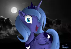 Size: 1500x1024 | Tagged: artist:furseiseki, artist:marble-soda, cloud, cloudy, derpibooru import, don't go to bed, folded wings, happy, moon, night, open mouth, princess luna, s1 luna, safe, signature, sky, smiling, solo, trace, wide eyes, wings