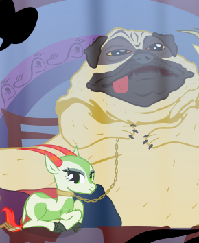 Size: 290x354 | Tagged: safe, artist:christinies, derpibooru import, oc, oc:jade mare, unofficial characters only, crocodile, dog, hutt, pug, bib fortuna, chains, collar, cropped, jabba the hutt, jabba's palace, leash, oola, pillow, salacious crumb, sex slave, slave, star mares, star wars, throne, tongue out, topi