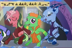 Size: 647x432 | Tagged: safe, derpibooru import, oc, unofficial characters only, pony, unicorn, alien language, backup dancers, clothes, comic, cropped, greeata jendowanian, han solo, jabba's palace, lyn me, max rebo band, rystáll sant, singing, star mares, star wars, tapir, topi, trio