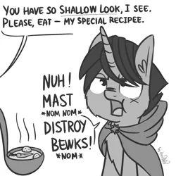 Size: 1408x1408 | Tagged: safe, artist:dsp2003, derpibooru import, shadow lock, pony, unicorn, spoiler:comic, carrot, chest fluff, cloak, clothes, comic, cute, derp, dialogue, food, grayscale, i can't believe it's not tjpones, implied zecora, male, monochrome, offscreen character, open mouth, potato, simple background, soup, style emulation, tumblr, white background