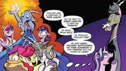 Size: 1036x580 | Tagged: safe, artist:andypriceart, derpibooru import, idw, accord, apple bloom, discord, princess cadance, scootaloo, starlight glimmer, sweetie belle, twilight sparkle, twilight sparkle (alicorn), alicorn, pony, chaos theory (arc), three's a crowd, spoiler:comic, spoiler:comic50, accord (arc), conclusion: and chaos into the order came, continuity, cutie mark crusaders