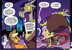 Size: 1017x704 | Tagged: safe, artist:andypriceart, derpibooru import, idw, applejack, discord, fluttershy, rarity, pony, chaos theory (arc), spoiler:comic, spoiler:comic50, accord (arc), conclusion: and chaos into the order came, hug