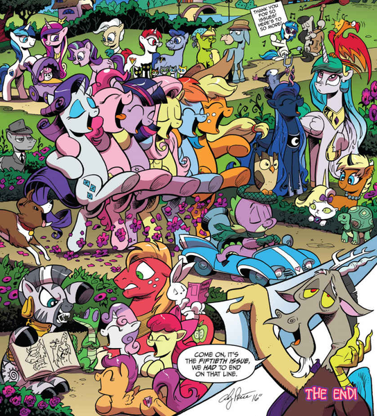 Size: 837x923 | Tagged: safe, artist:andypriceart, derpibooru import, idw, angel bunny, apple bloom, applejack, big macintosh, bittersweet (character), cranky doodle ryan, discord, fluttershy, gummy, king sombra, leadwing, mayor mare, observer (character), octavia melody, opalescence, owlowiscious, philomena, pinkie pie, princess cadance, princess celestia, princess flurry heart, princess luna, queen chrysalis, rainbow dash, rarity, scootaloo, shining armor, spike, starlight glimmer, sweetie belle, tank, tiberius, twilight sparkle, twilight sparkle (alicorn), vinyl scratch, winona, zecora, oc, oc:angie, alicorn, dragon, pony, zebra, chaos theory (arc), spoiler:comic, spoiler:comic50, accord (arc), andy price, conclusion: and chaos into the order came, cutie mark crusaders, dancing, fourth wall, heather breckel, katie cook, male, mane six, wall of tags