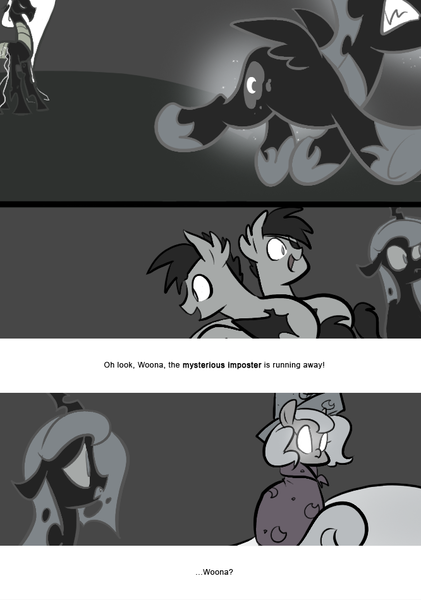 Size: 666x950 | Tagged: safe, artist:egophiliac, derpibooru import, princess luna, changeling queen oc, oc, oc:exuvia, oc:frolicsome meadowlark, oc:imogen, oc:sunshine smiles (egophiliac), bat pony, changeling, changeling queen, pony, moonstuck, cartographer's cap, changeling oc, female, filly, glowing eyes, hat, marauder's mantle, monochrome, neo noir, partial color, woona, younger