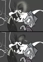 Size: 666x950 | Tagged: artist:egophiliac, cartographer's cap, changeling, changeling oc, changeling queen, changeling queen oc, derpibooru import, female, filly, hat, magic fail, marauder's mantle, monochrome, moonstuck, neo noir, oc, oc:exuvia, partial color, princess luna, safe, woona, younger