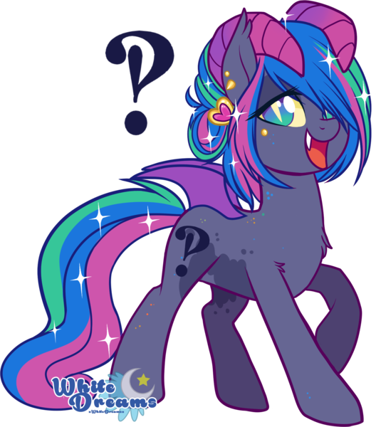 Size: 1560x1774 | Tagged: safe, artist:xwhitedreamsx, derpibooru import, oc, oc:madeline, unofficial characters only, pony, succubus, exclamation point, female, interrobang, interrobang (glyph), mare, multicolored iris, question mark, simple background, solo, transparent background