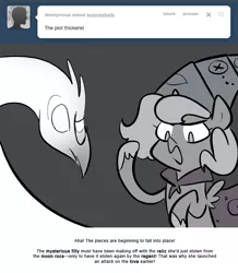 Size: 666x763 | Tagged: artist:egophiliac, cartographer's i-don't-even-know-what-this-is, derpibooru import, female, filly, grayscale, marauder's mantle, monochrome, moon roc, moonstuck, oc, oc:summer (egophiliac), princess luna, safe, woona, younger