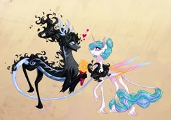 Size: 2369x1658 | Tagged: safe, artist:australian-senior, derpibooru import, princess celestia, oc, oc:arlon invictus, alicorn, draconequus, kirin, pony, kirindos, alternate universe, announcer (portal), blushing, bouquet, canon x oc, colored hooves, crossover, draconequified, female, flower, heart, leonine tail, male, portal, portal (valve), portal 2, race swap, shipping, simple background, species swap, straight, unshorn fetlocks