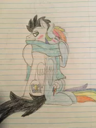 Size: 2448x3264 | Tagged: safe, artist:skysketch56, derpibooru import, rainbow dash, soarin', pony, blushing, clothes, crayon drawing, female, irl, lined paper, male, photo, scarf, shared clothing, shared scarf, shipping, soarindash, straight, traditional art