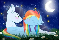 Size: 528x362 | Tagged: safe, artist:soarinrainbowdash3, derpibooru import, rainbow dash, soarin', pony, blushing, female, male, moon, night, shipping, soarindash, stars, straight