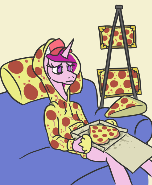 Size: 658x801 | Tagged: safe, artist:jargon scott, derpibooru import, princess cadance, alicorn, pony, semi-anthro, cadance's pizza delivery, cap, clothes, couch, empty eyes, female, floppy ears, food, frown, hat, heart, hoodie, hoof hold, mare, meat, no catchlights, no pupils, peetzer, pepperoni, pepperoni pizza, picture, pillow, pizza, pizza box, sad, simple background, sitting, solo, sweater, that pony sure does love pizza