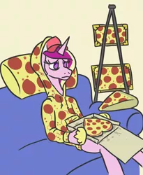 Size: 658x801 | Tagged: safe, artist:jargon scott, derpibooru import, princess cadance, alicorn, pony, semi-anthro, cadance's pizza delivery, cap, clothes, couch, empty eyes, female, floppy ears, food, frown, hat, heart, hoodie, hoof hold, mare, meat, no catchlights, no pupils, peetzer, pepperoni, pepperoni pizza, picture, pillow, pizza, pizza box, sad, simple background, sitting, solo, sweater, that pony sure does love pizza