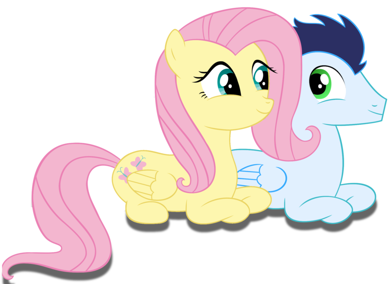 Size: 2046x1487 | Tagged: safe, artist:meandmyideas, derpibooru import, fluttershy, soarin', pegasus, pony, female, looking at each other, male, prone, shipping, simple background, soarinshy, straight, transparent background