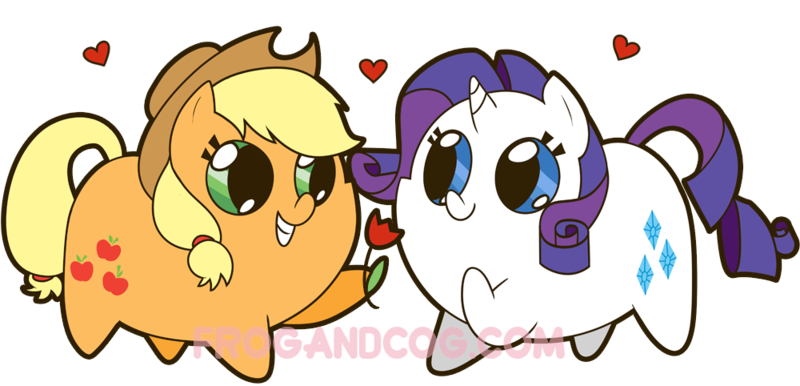 Size: 1000x482 | Tagged: safe, artist:coggler, artist:frog&cog, artist:gopherfrog, derpibooru import, applejack, rarity, chubbie, cute, female, flower, grin, heart, jackabetes, lesbian, raribetes, rarijack, rose, shipping, simple background, smiling, transparent background, watermark