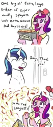 Size: 632x1524 | Tagged: safe, artist:jargon scott, derpibooru import, princess cadance, shining armor, alicorn, pony, unicorn, cadance's pizza delivery, careless, food, messy, mom's spaghetti, oh no, pasta, spaghetti, spagoots, spill