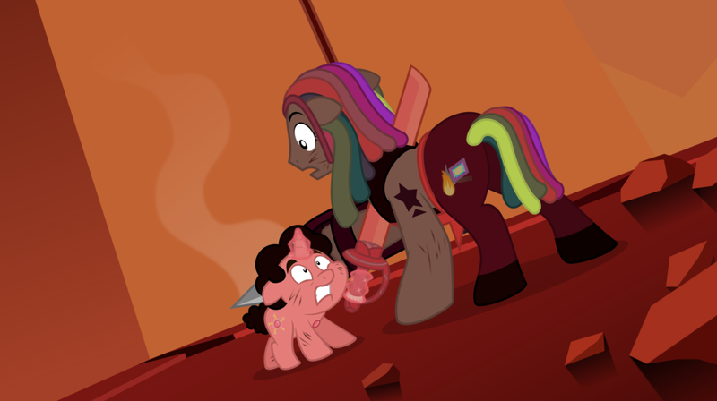 Size: 1023x573 | Tagged: semi-grimdark, artist:mlp-trailgrazer, derpibooru import, ponified, pony, bismuth (steven universe), scene interpretation, spoilers for another series, stabbing, steven quartz universe, steven universe