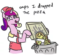 Size: 520x491 | Tagged: safe, artist:jargon scott, derpibooru import, princess cadance, alicorn, pony, bipedal, cadance's pizza delivery, clothes, dialogue, female, food, hat, hoof hold, into the trash it goes, looking back, mare, oops, open mouth, pineapple, pineapple pizza, pizza, simple background, smiling, solo, trash can, uniform, white background