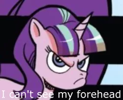 Size: 1321x1080 | Tagged: safe, artist:andypriceart, derpibooru import, starlight glimmer, pony, angry, comic, cropped, equal cutie mark, evil, glare, i can't see my forehead, patrick star, patty hype, simple background, solo, spongebob squarepants