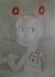 Size: 3326x4608 | Tagged: safe, artist:raventheghost, derpibooru import, oc, oc:raven blake, unofficial characters only, pony, unicorn, absurd resolution, crossover, flashlight (object), solo, tattletail, traditional art