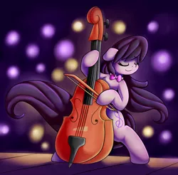 Size: 2300x2265 | Tagged: safe, artist:graphene, derpibooru import, octavia melody, pony, bipedal, bow (instrument), cello, cello bow, eyes closed, musical instrument, smiling, solo, stage