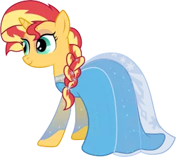 Size: 1127x1001 | Tagged: safe, artist:cloudyglow, derpibooru import, sunset shimmer, pony, clothes, clothes swap, contrast, cosplay, costume, cute, disney, dress, elsa, frozen (movie), irony, not fiery shimmer, simple background, smiling, solo, transparent background, vector