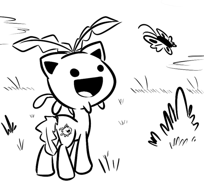 Size: 770x700 | Tagged: safe, artist:tess, derpibooru import, butterfly, hoppip, original species, plant pony, pony, 2012, black and white, grass, grayscale, monochrome, plant, pokémon, recursion, smiling