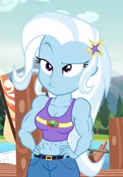 Size: 460x660 | Tagged: safe, derpibooru import, edit, edited edit, edited screencap, screencap, trixie, equestria girls, legend of everfree, :>, abs, arms, buff, buff edit, cropped, female, grand and muscular trixie, hand on hip, lidded eyes, looking at you, midriff, muscles, raised eyebrow, solo