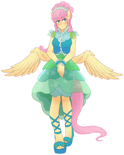 Size: 2350x2920 | Tagged: alternate hairstyle, ambiguous facial structure, anthro, artist:buryooooo, beautiful, butt wings, clothes, colored pupils, cute, derpibooru import, dress, feet, fluttershy, green isn't your color, modelshy, plantigrade anthro, safe, shoes, shyabetes, simple background, solo, spread wings, transparent background, wings